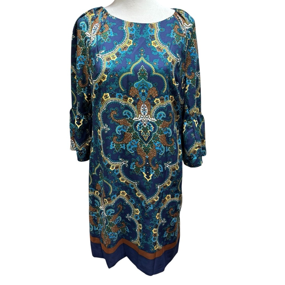 New York & Company Teal and Gold Long Sleeve Dress #677‎